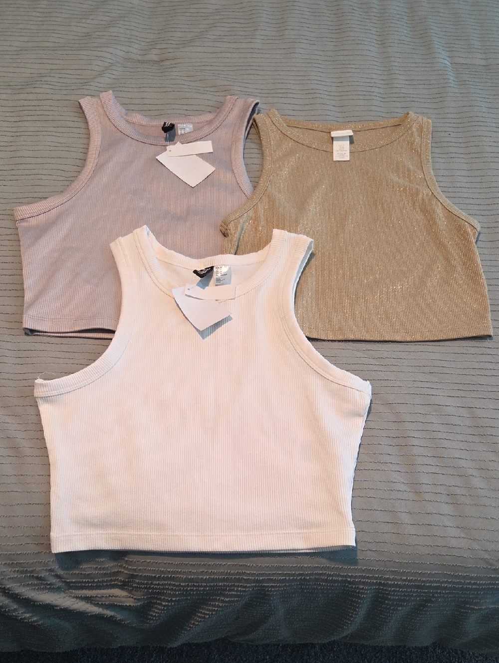H&M Divided Ribbed Crop (3) Tank Trio in White, Light Lavender & Gold